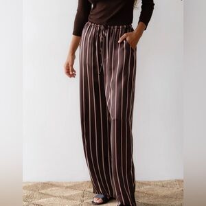 DONNI. Wide-Leg Striped Lounge Pants in Brown with Pink Stripes